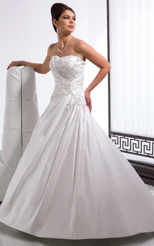 Vestido de novia largo sin tirantes, sin mangas, de satén, con apliques, drapeado y espalda tipo corsé, corte en A.