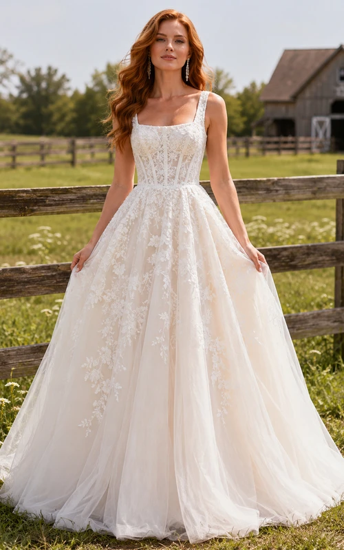 Western Rustic Straps Lace Ball Gown Wedding Dress