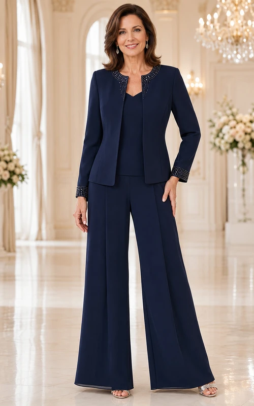 Dunkelblauer Palazzo-Hosenanzug für die Mutter der Braut, schlicht, mit taillierter, langärmeliger Jacke mit Rundhalsausschnitt und bodenlanger, weiter Hose.