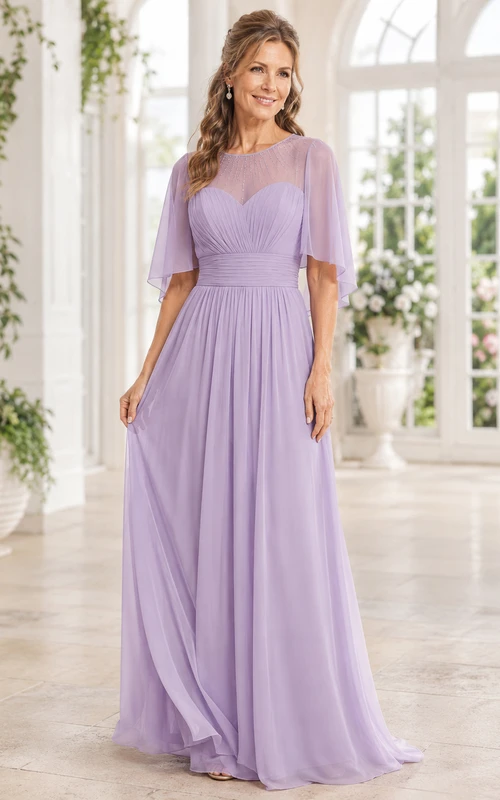 Lavendelfarbenes Chiffon-Mutterkleid mit eckigem Ausschnitt und flatternden Ärmeln