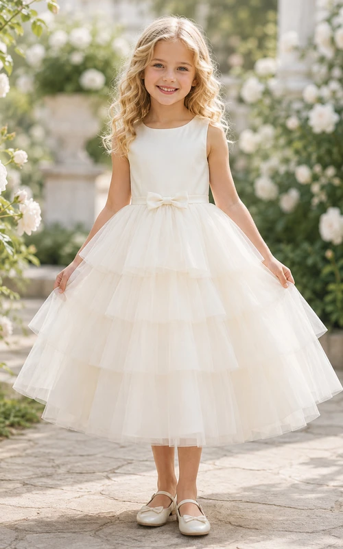 Flower Girl Dress Ivory Tulle A-Line Jewel Neck Tea Length Tiered Skirt