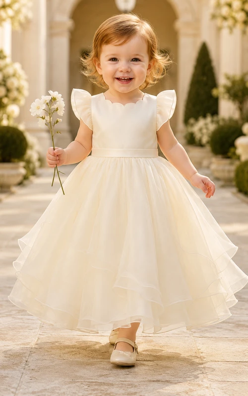 Champagnerfarbenes Satin-Oberteil, Organza-Rock, A-Linien-Kleid mit flatternden Ärmeln – ideal zur Babytaufe.
