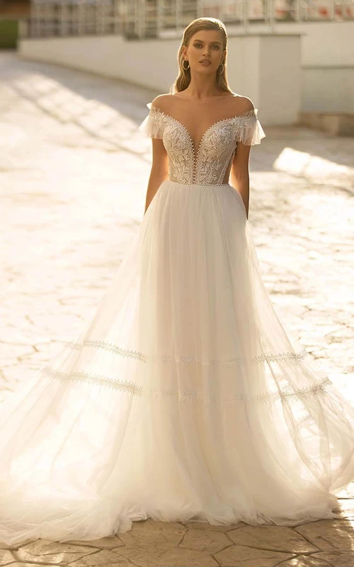 Bohemian A Line Lace V-neck Court Train Wedding Dress Styles with Appliques