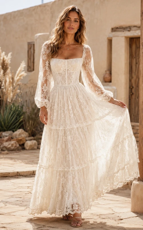 Bohemian Lace Square Neck Long Sleeve A-Line Tiered Wedding Gown