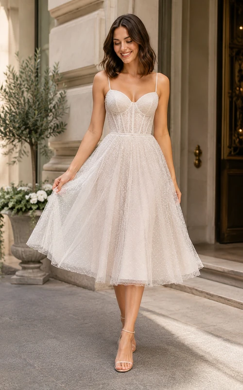 Robe de mariée en tulle longueur thé à fines bretelles et corsage plissé