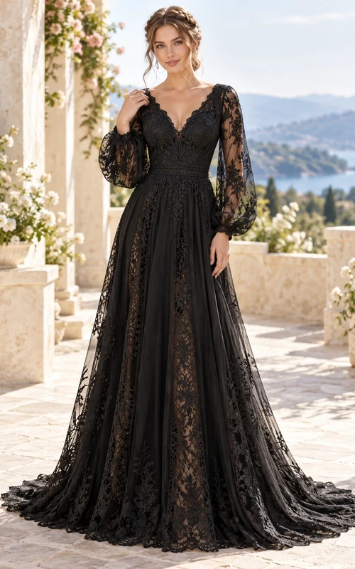 Black Long Poet Sleeve V-Neck Lace Split Bridal Wedding Dress