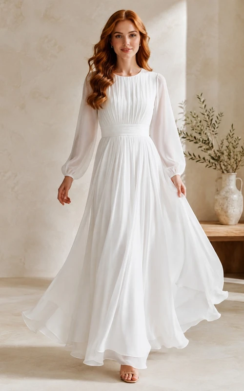Modest High Neck Long Sleeve Pleated Chiffon A-Line Floor Length Temple Dress