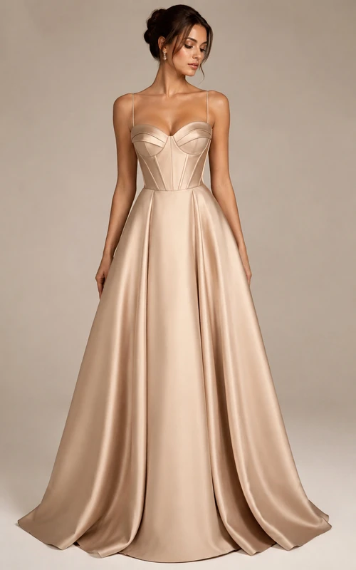 Champagnerfarbenes Satin-Abendkleid mit strukturiertem Oberteil und bodenlangem A-Linien-Schnitt