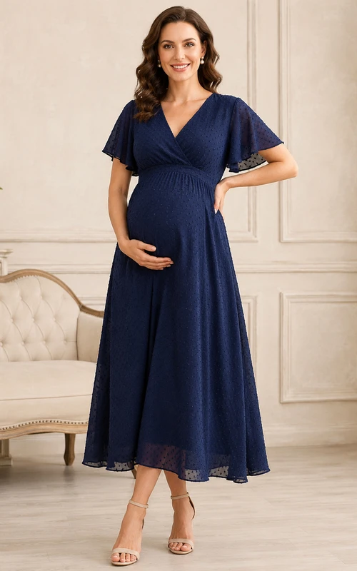Robe de maternité bleu marine foncé à manches papillon, col en V, coupe trapèze et longueur midi, style vintage