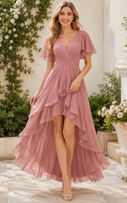 Rose Cascade A-Line High-Low V-Neck Short-Sleeve Chiffon Romantic Bridesmaid Dress