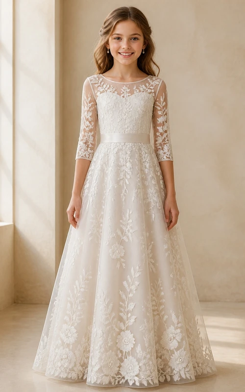 Modest Junior Bridesmaid Floor-length A-Line Scoop Three-quarter Sleeve Lace Dress