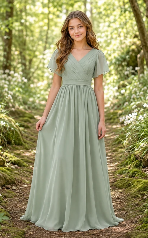Mintgrünes Brautjungfernkleid im A-Linien-Stil mit V-Ausschnitt, kurzen Blütenblattärmeln und Falten im Boho-Stil