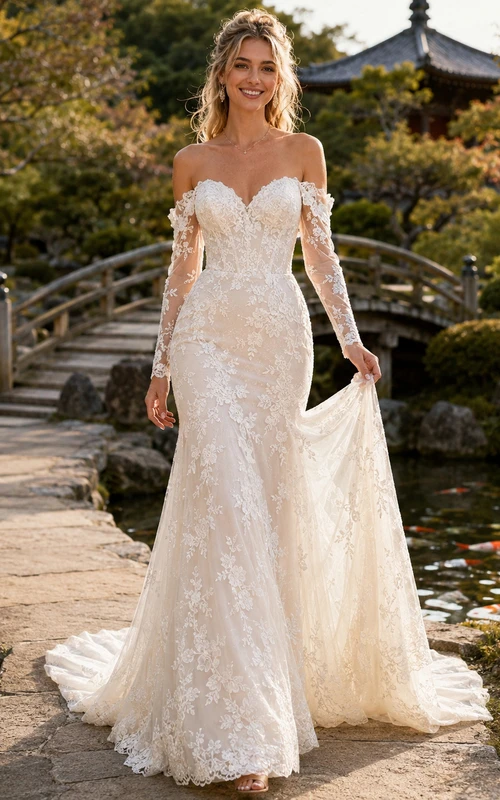 Robe de mariée sirène en dentelle, épaules dénudées, manches longues et traîne chapelle, style romantique, jardin.