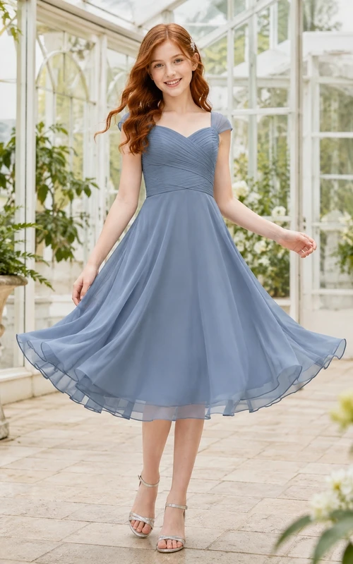 Schieferblaues Brautjungfernkleid in A-Linie mit herzförmigem Ausschnitt, kurzen Blütenblattärmeln und Teelänge aus elegantem Chiffon.