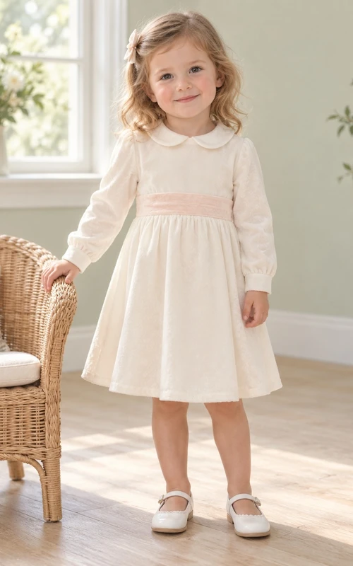 Simple Modest Long Sleeve Ivory Knee Length Narrow Peach Band Collared Flower Girl Dress