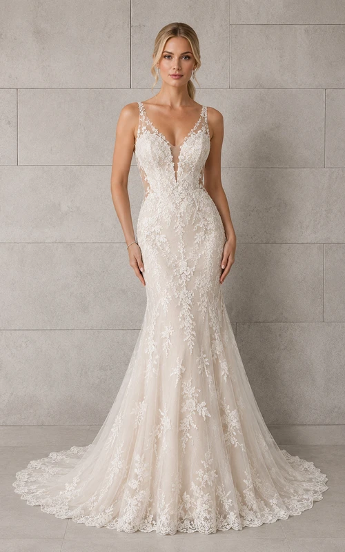 Vestido de novia de sirena de encaje con escote en V, tirantes finos y cola de capilla.