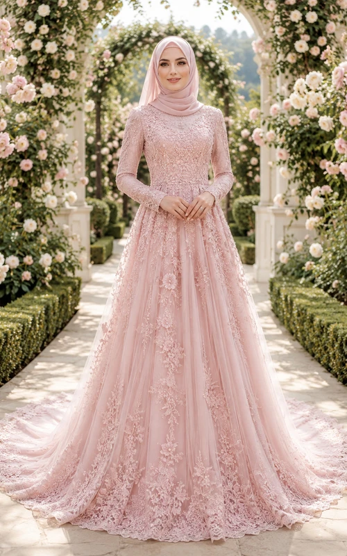 Blushing Pink Muslim Long Sleeve Lace A-Line Wedding Dress