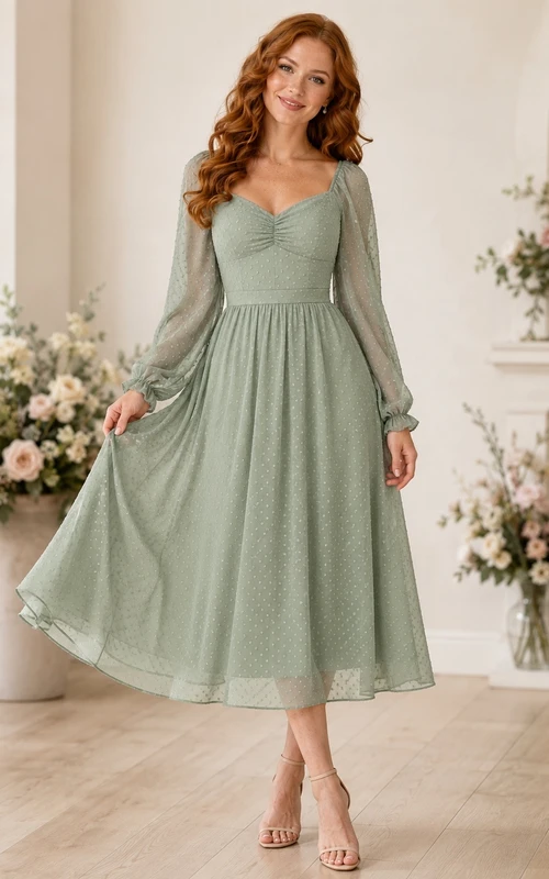 Vestido formal bohemio de gasa de manga larga con escote en V y corte en A, color verde salvia, largo hasta la rodilla.