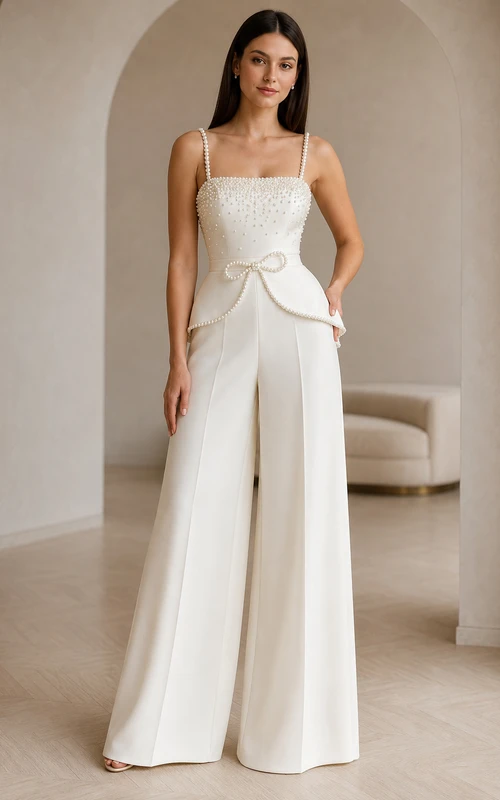 Spaghetti Strap Beaded Peplum Bridal Jumpsuit with Wide Legs