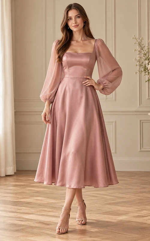 Long Sleeve Square Neck Dusty Rose Satin Midi Formal Dress