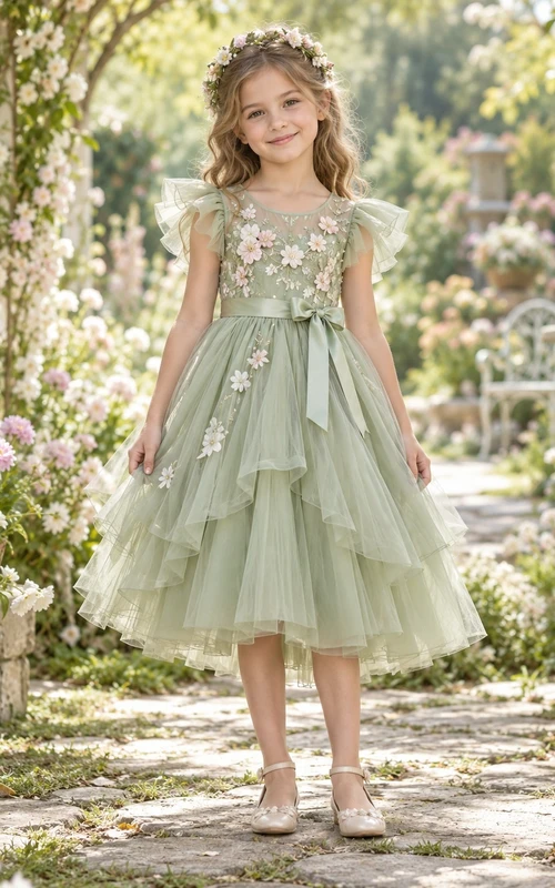 Fairy Sage Blumenapplikationen, flatternde Ärmel, mehrlagiges Tüll-Teelängen-Blumenmädchenkleid