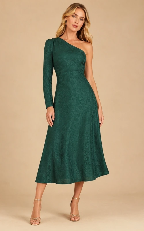 Dunkelgrünes, einseitig schulterfreies, langärmeliges A-Linien-Kleid in Teelänge