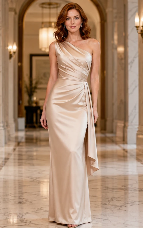 Champagne satin one shoulder draped sheath hotel gown