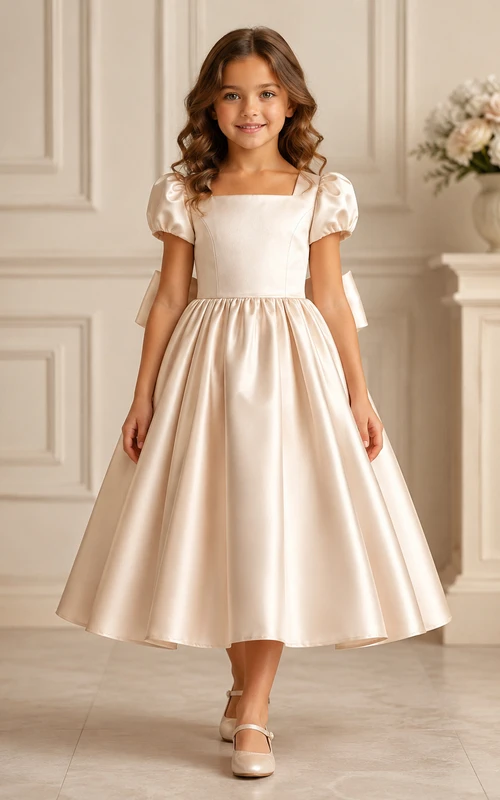 Blumenmädchenkleid aus champagnerfarbenem Satin, A-Linie, Rundhalsausschnitt, Teelänge, Schleife am Rücken