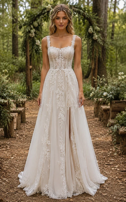 Boho-Brautkleid in A-Linie, ärmellos, eckiger Ausschnitt, Tüllspitzenapplikationen, Schlitz vorne, bodenlang, Schleppe, Elfenbein