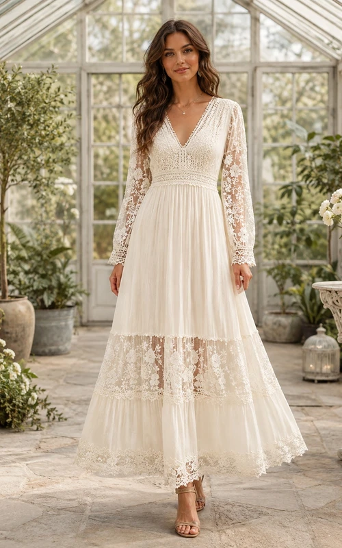 Boho V-Neck Long Sleeve Lace A-Line Ankle-Length Garden Wedding Dress