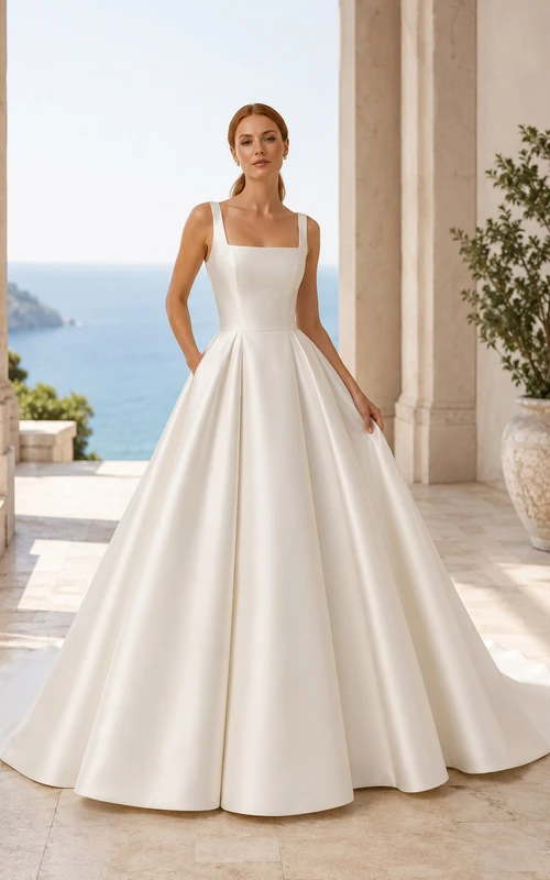 Satin-Ballkleid mit eckigem Ausschnitt und kurzer Schleppe
