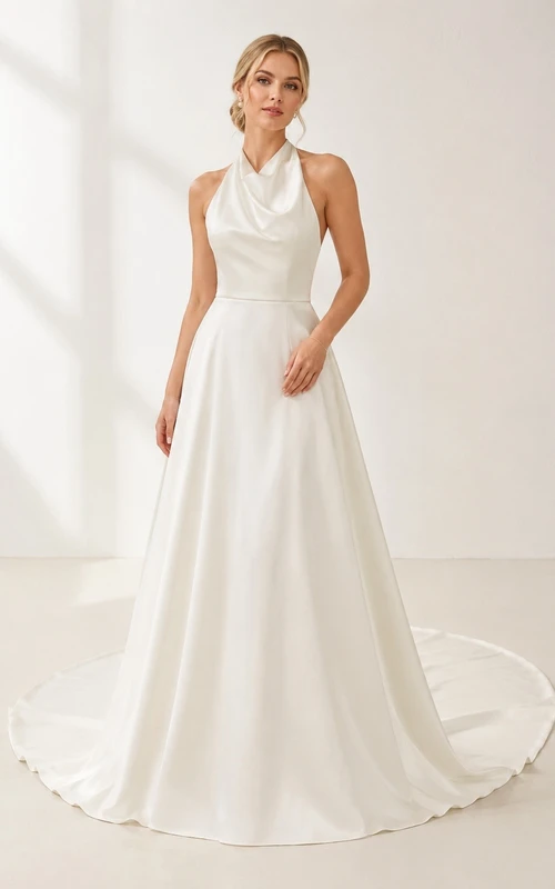 Vestido de novia sencillo con escote halter, corte en A, espalda descubierta y cola larga hasta el suelo.