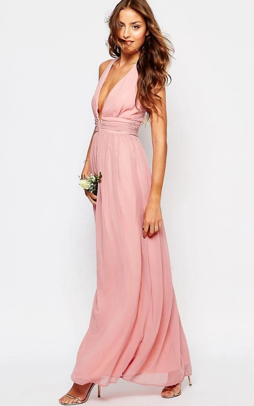 Knöchellanges, ärmelloses Brautjungfernkleid aus Chiffon mit V-Ausschnitt und Falten sowie Trägern