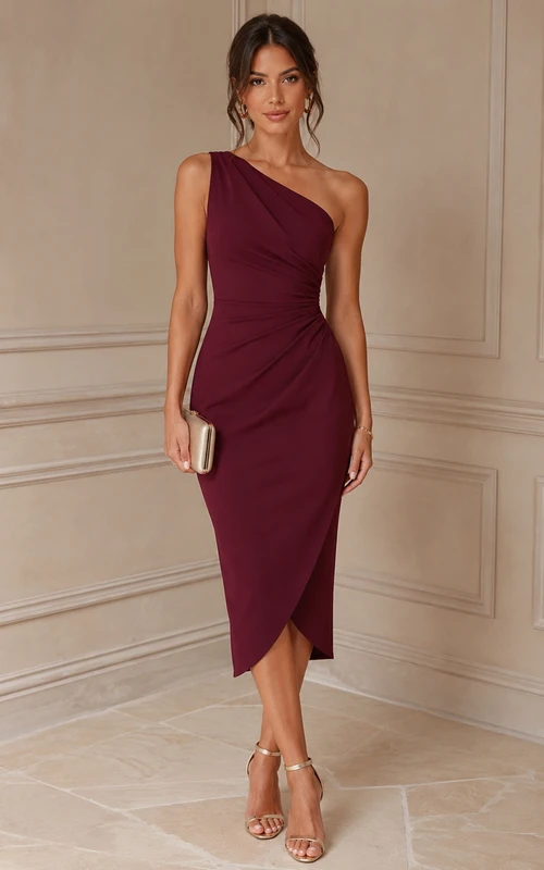 Burgundy One-Shoulder Midi Sheath Dress
