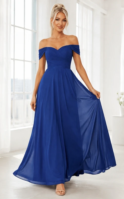 Königsblaues, kurzärmeliges, schulterfreies, bodenlanges Chiffonkleid in A-Linie