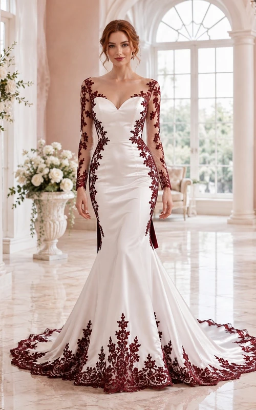 Elegantes Brautkleid aus burgunderroter Spitze mit langen Ärmeln, herzförmigem Ausschnitt, Meerjungfrauen-Schleppe und Hofschleppe