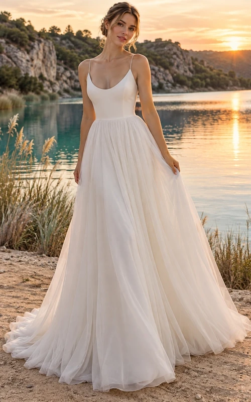 Vestido de novia sencillo de tul con escote en V, corte en A, sin mangas y cola larga.