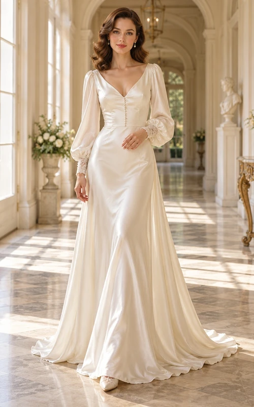 Vintage Long Poet Sleeve V-neck Satin Fitted Wedding Dress