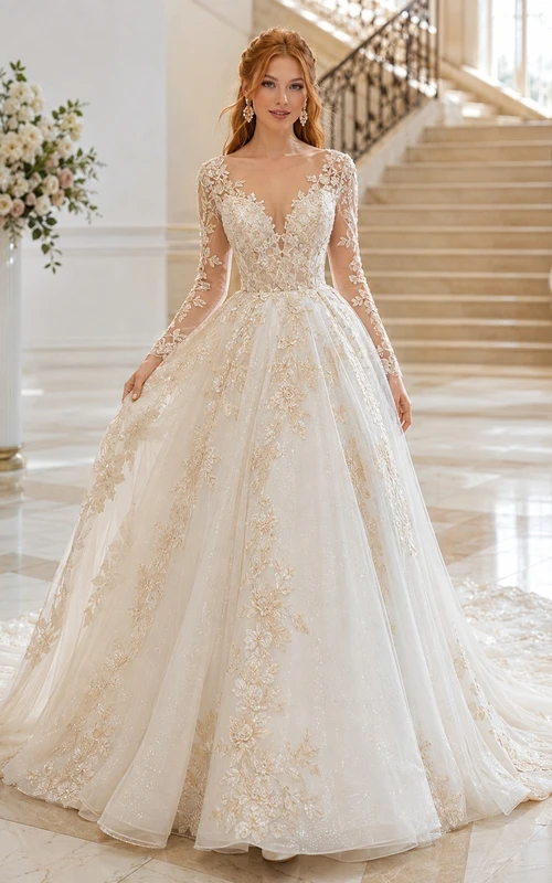Champagne Floral Lace Ball Gown Bridal Dress V-neck Cap Sleeve Cathedral Train