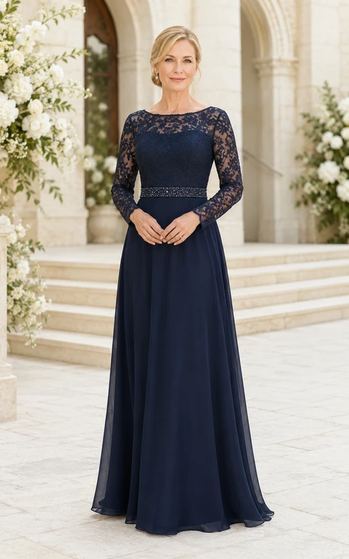 Dunkelblaues Chiffon-Kleid in A-Linie mit Spitzenoberteil und langen Ärmeln
