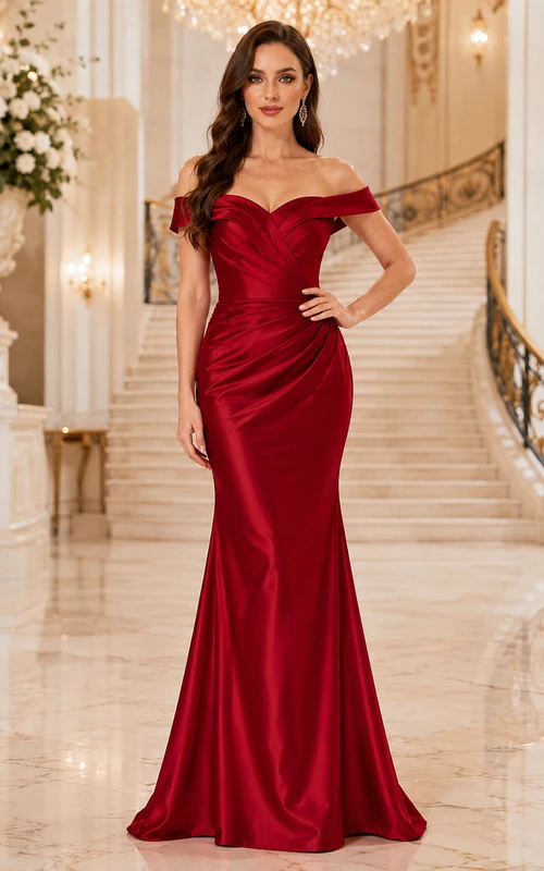 Vestido de noche largo hasta el suelo, de satén rojo, con escote corazón, mangas cortas y fruncido, estilo sirena.