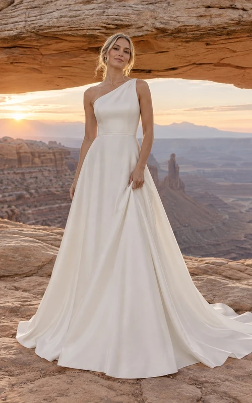 Vestido de novia sencillo de un solo hombro, sin mangas, de crepé liso con espalda satinada y corte en A, largo hasta el suelo.