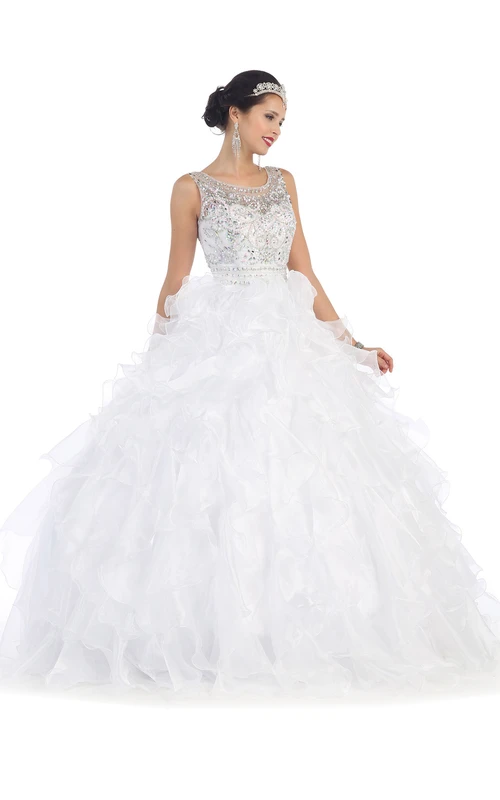 Robe de bal sans manches à col rond en organza, dos corset orné de perles et de volants