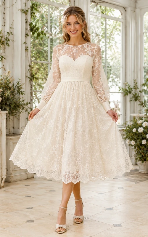 Romantic Bateau Long Puff Sleeve Lace A-Line Tea-Length Civil Wedding Dress