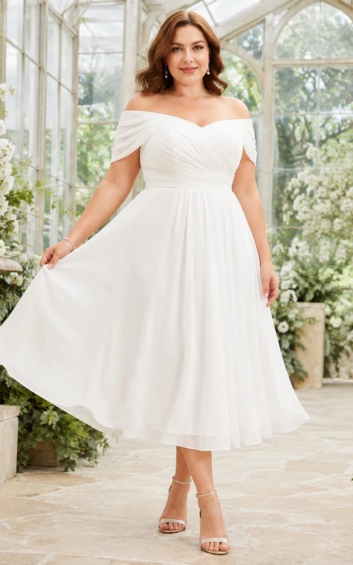 Weißes Midikleid in Übergröße mit Carmen-Ausschnitt, kurzen Ärmeln und schulterfreiem Schnitt, A-Linie