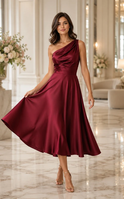 Vestido de fiesta rojo de satén drapeado de un solo hombro, corte A, para invitada a tomar el té.