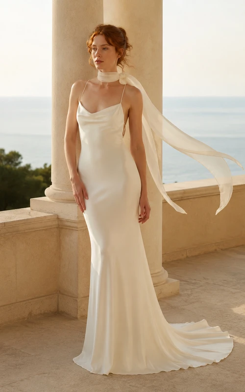 Vestido de novia de satén color marfil con escote halter y lazos tipo bufanda.