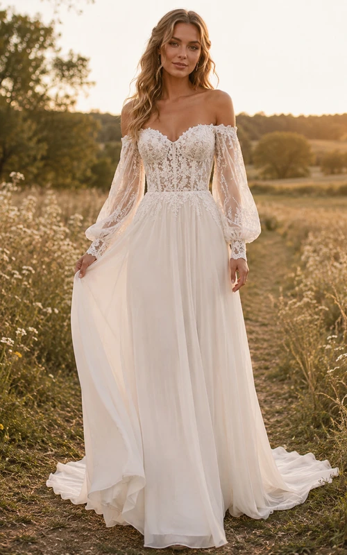 Boho Off Shoulder Lace Bishop Sleeve A-Line Wedding Dress
