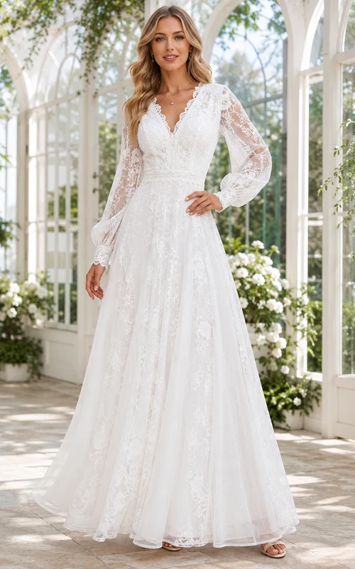 Robe de mariée romantique en dentelle, coupe trapèze, manches longues, décolleté en V illusion, style modeste