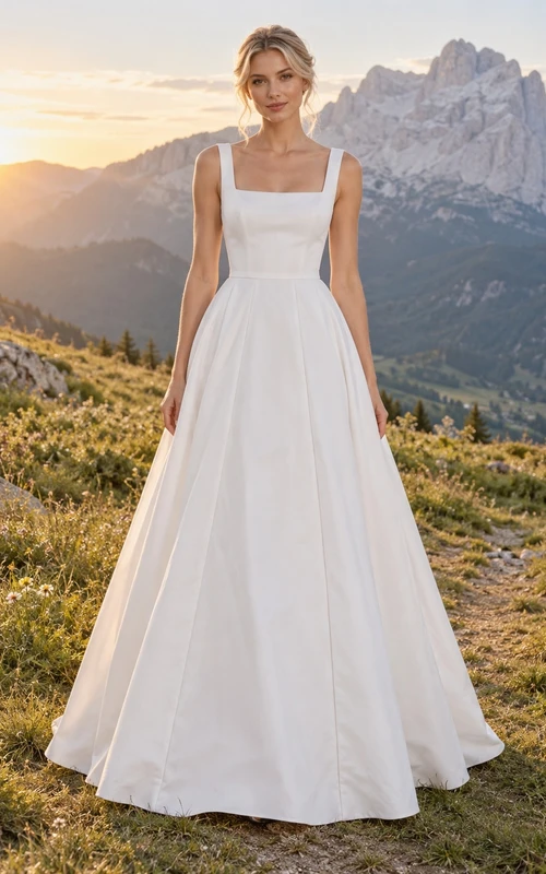 Schlichtes, eckiges Brautkleid mit Satin-Trägern und fließender A-Linien-Form, bodenlang